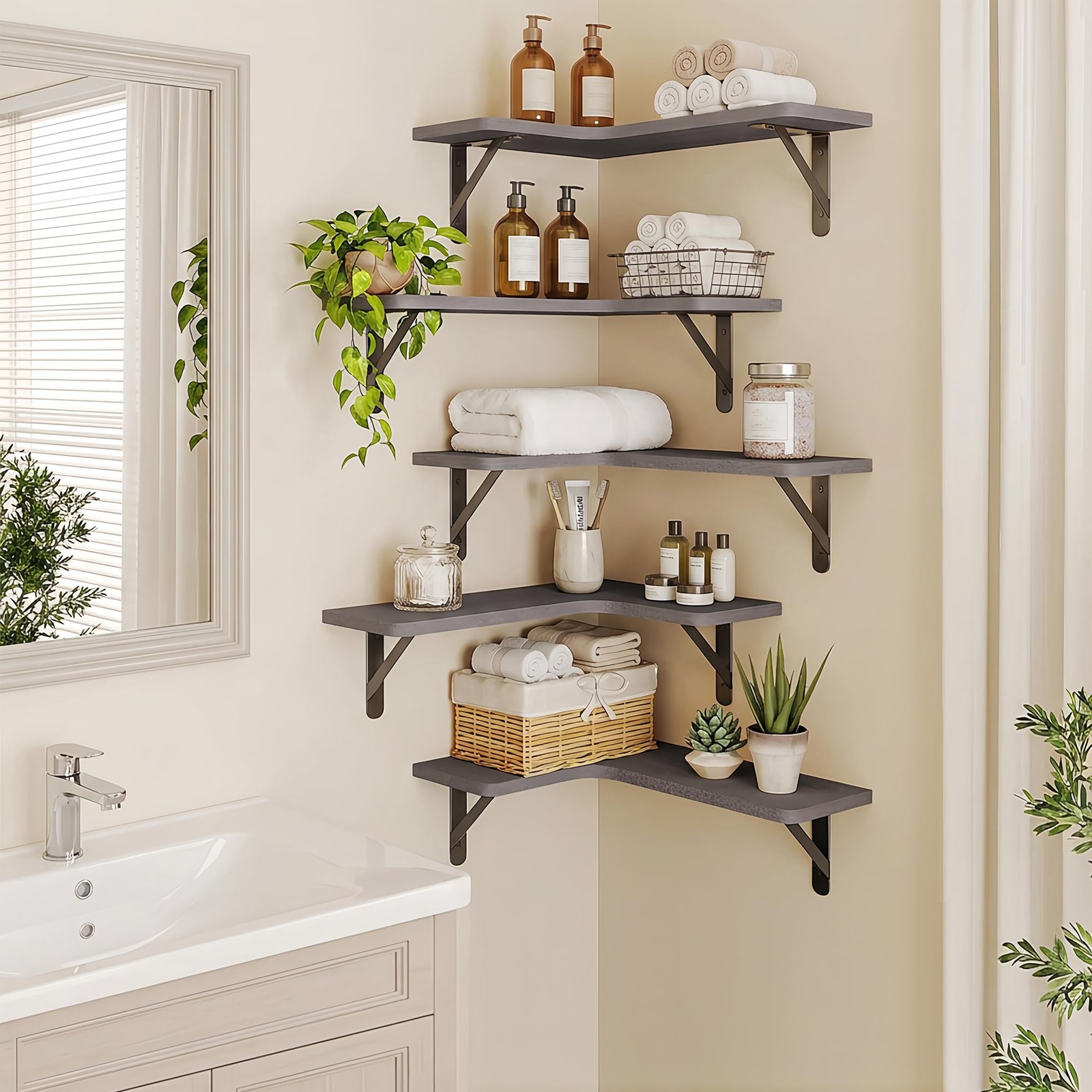 Fixwal Corner Floating Shelves Set of 5, Rustic 16.1X11.4X5.5 Inches, 4-gray