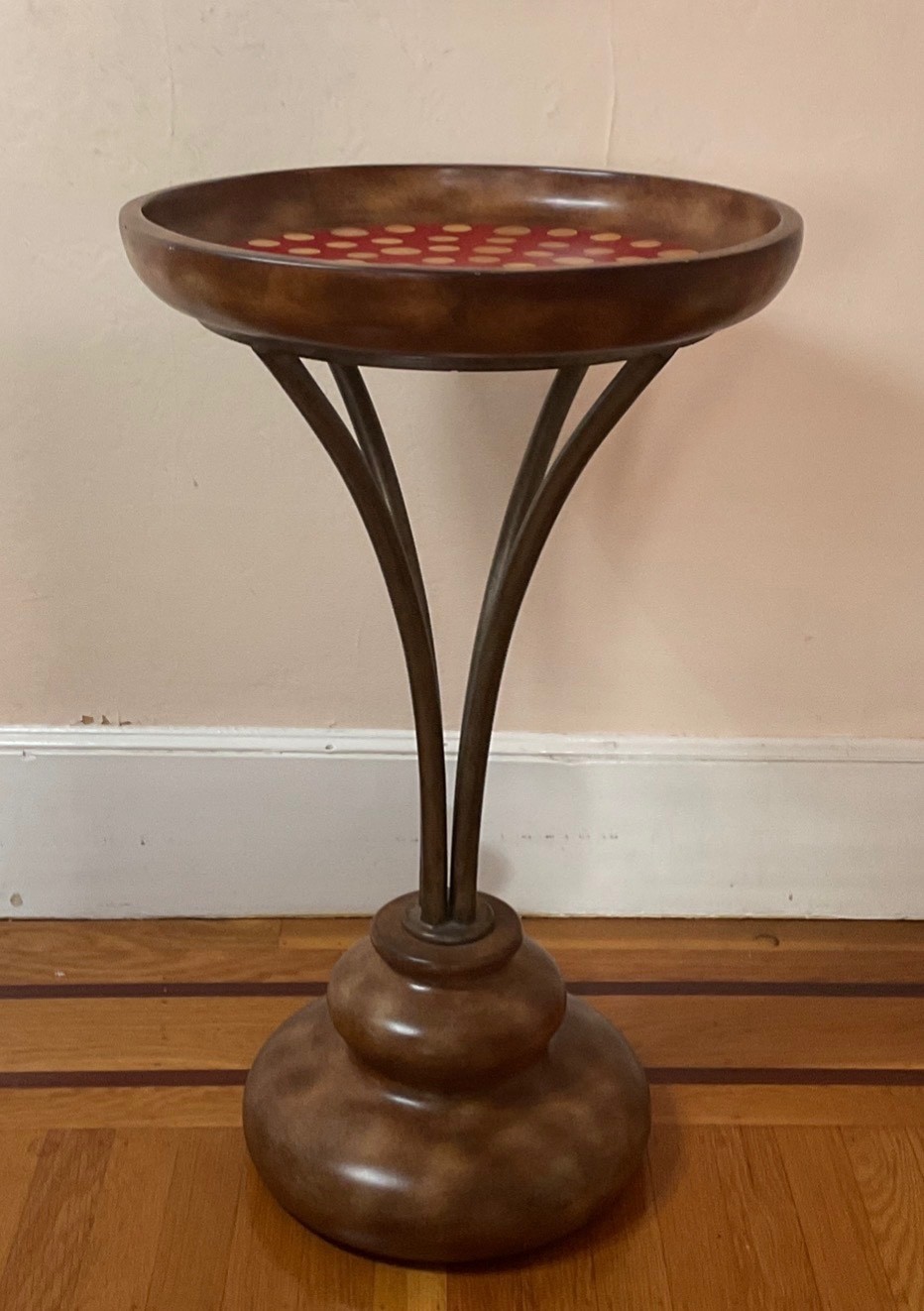 28.25”h x 17”d Red & Gold Polka Dot Accent Table – Wood & Iron Base Plant Stand