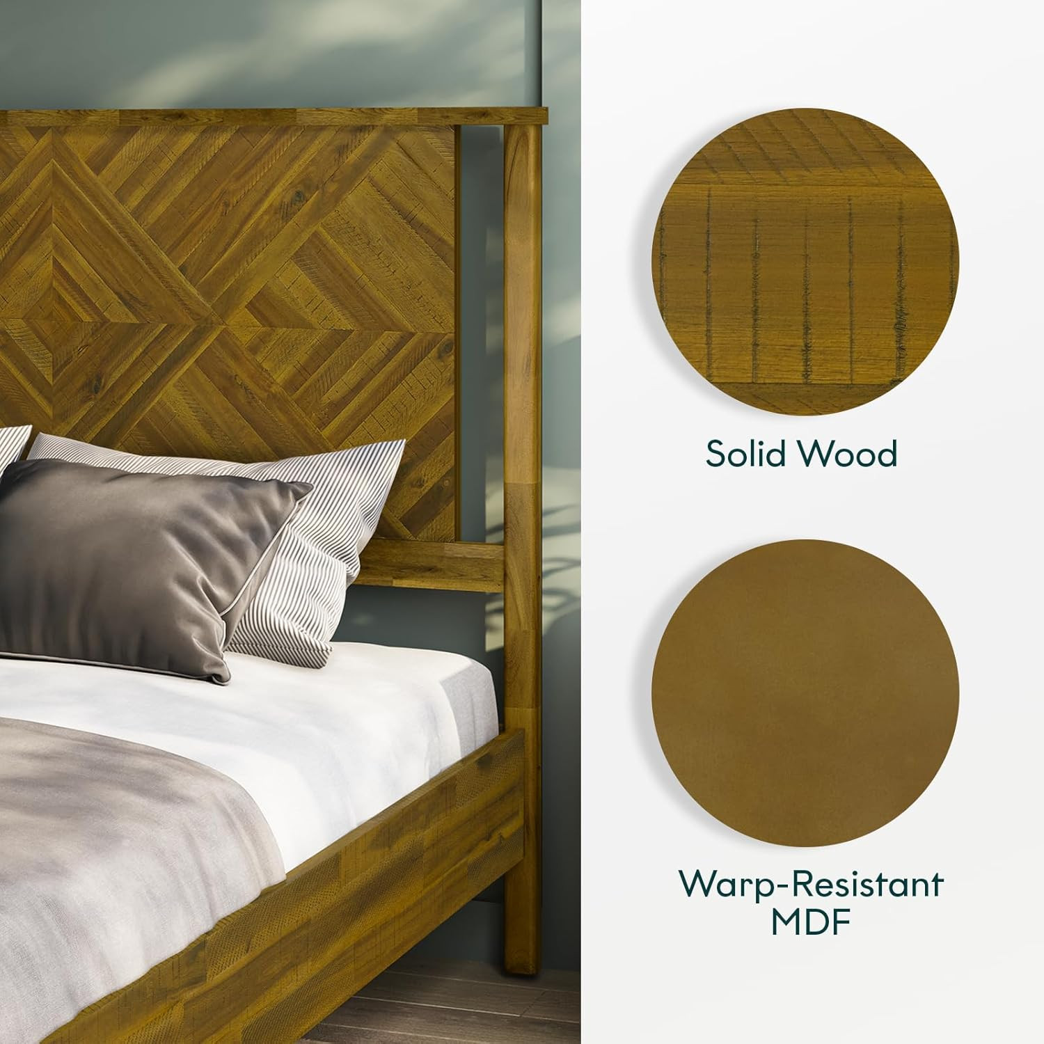 Ethan Queen Bed Frame, Diamond Headboard, Solid Acacia Wood, Rustic Brown
