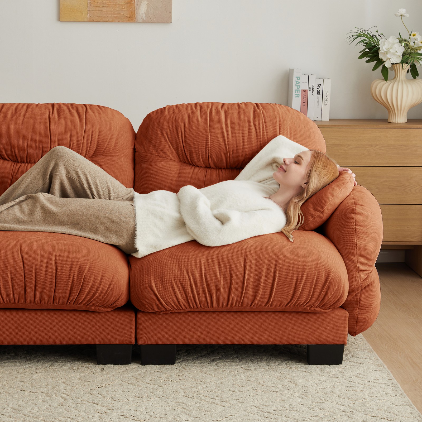 2-Seater Orange Chenille Sofa Modular W/ High-Density Foam & Throw Pillows