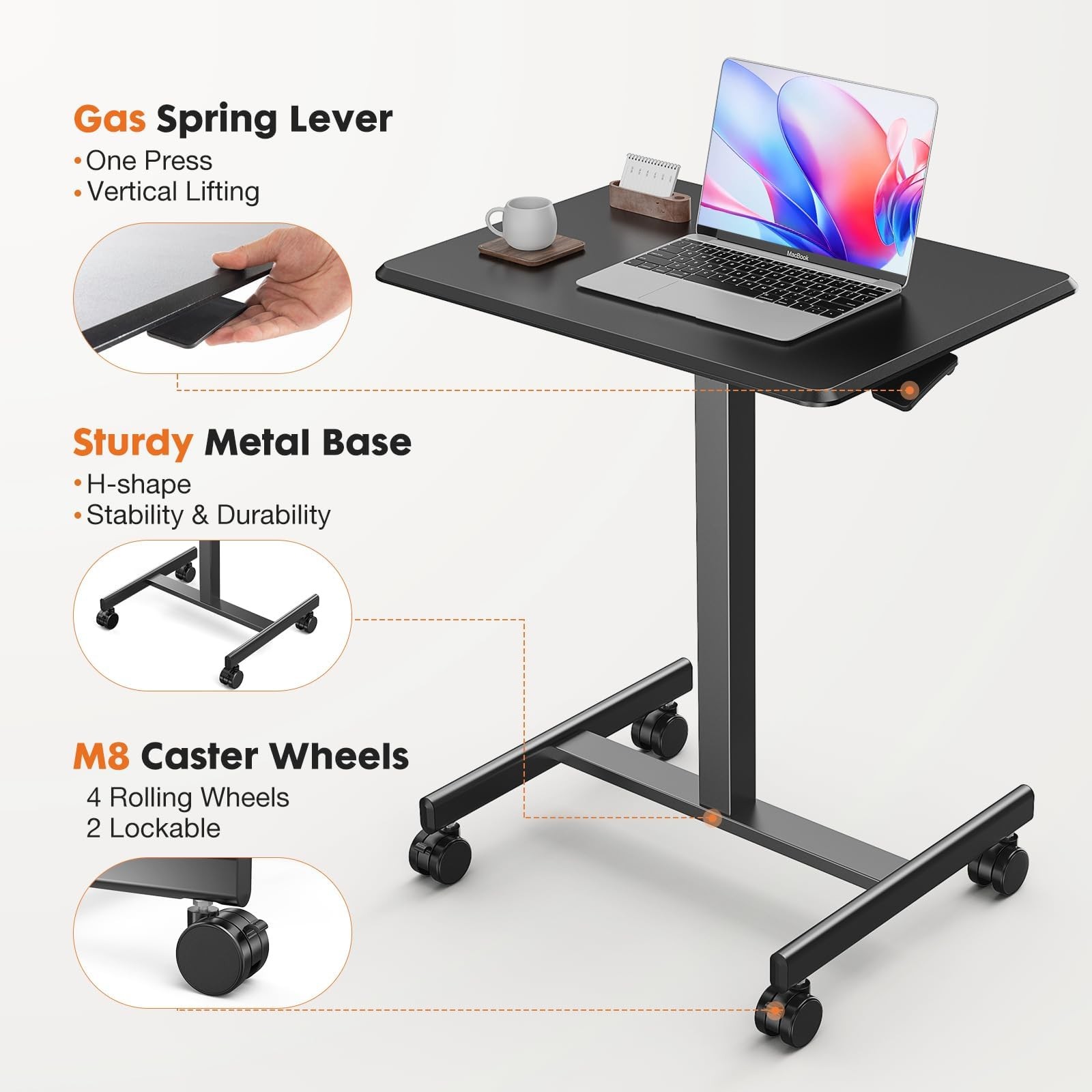 Rolling Standing Desk with Lockable Wheels Adjustable Height Brown/White/Black