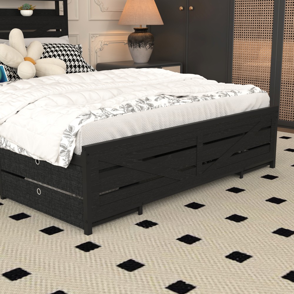 Queen-size bed frame with storage headboard and 12 drawers with LED lights