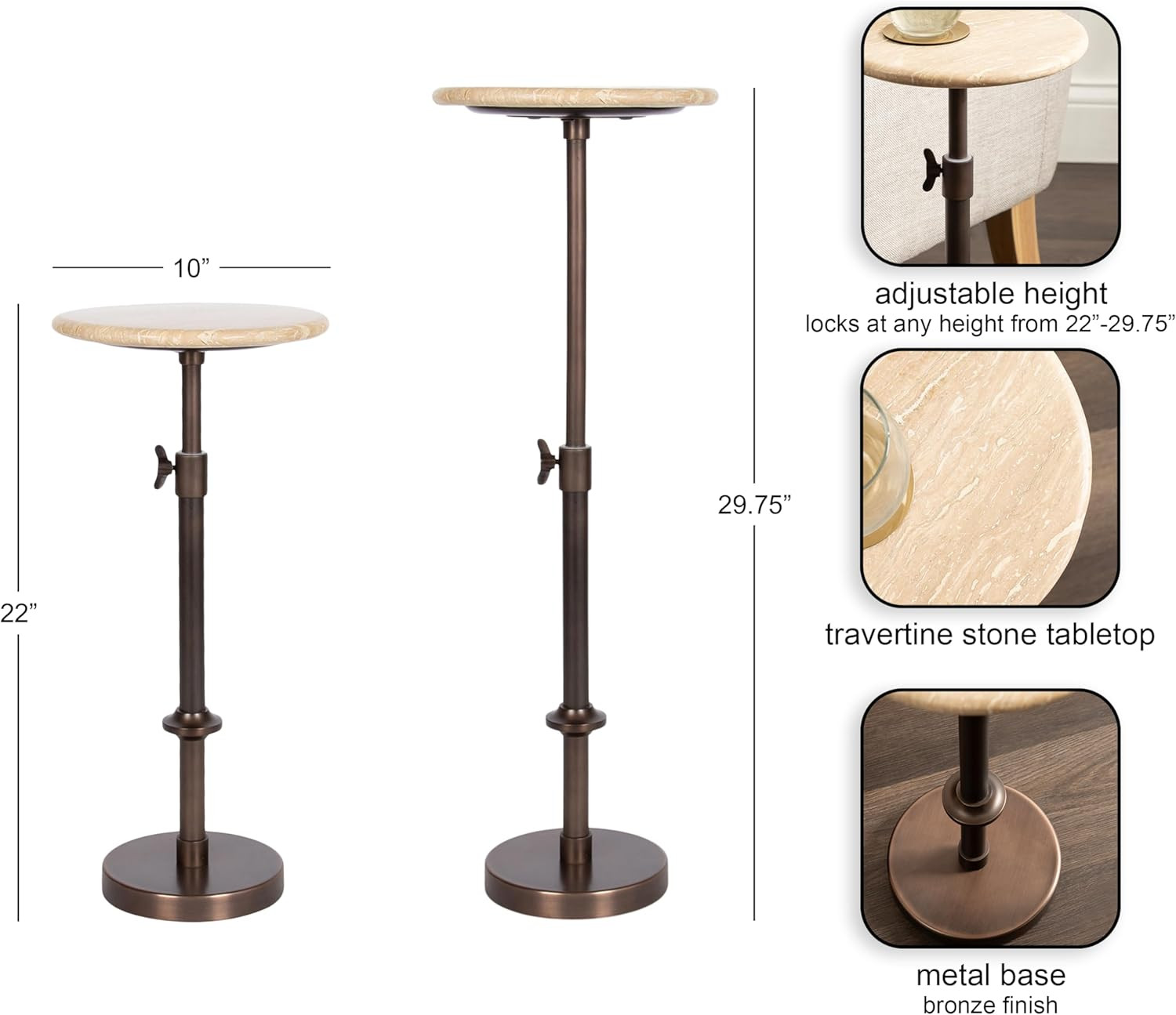 Adjustable-Height Round Drink Table with Natural Travertine Top and Bronze Base
