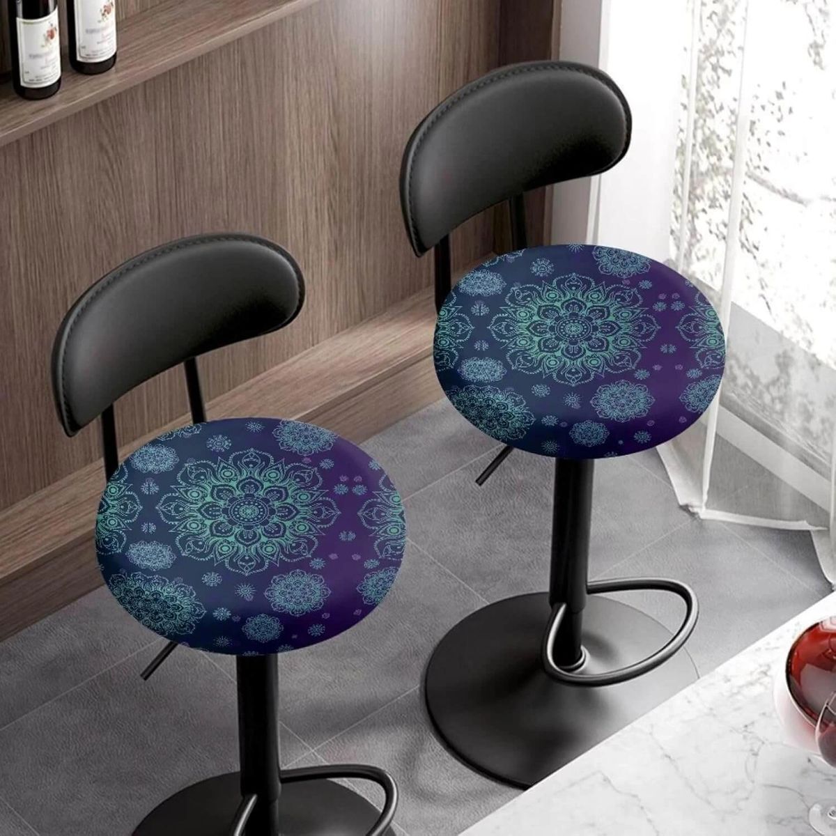 2 Mandala Floral Printed Round Elastic Stool Covers 13-15″ Blue Purple & Green