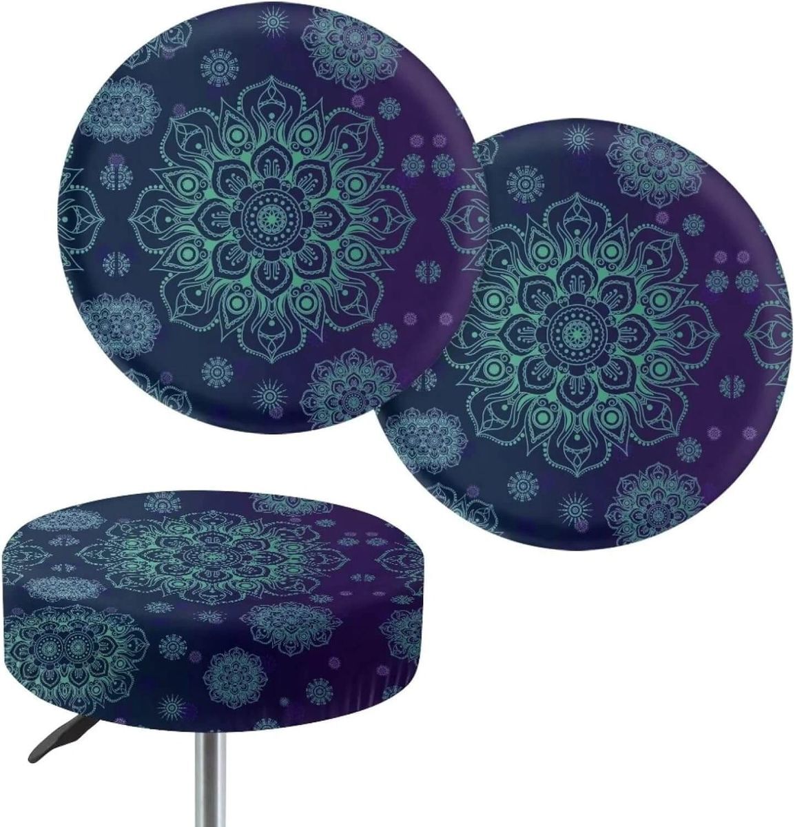 2 Mandala Floral Printed Round Elastic Stool Covers 13-15″ Blue Purple & Green