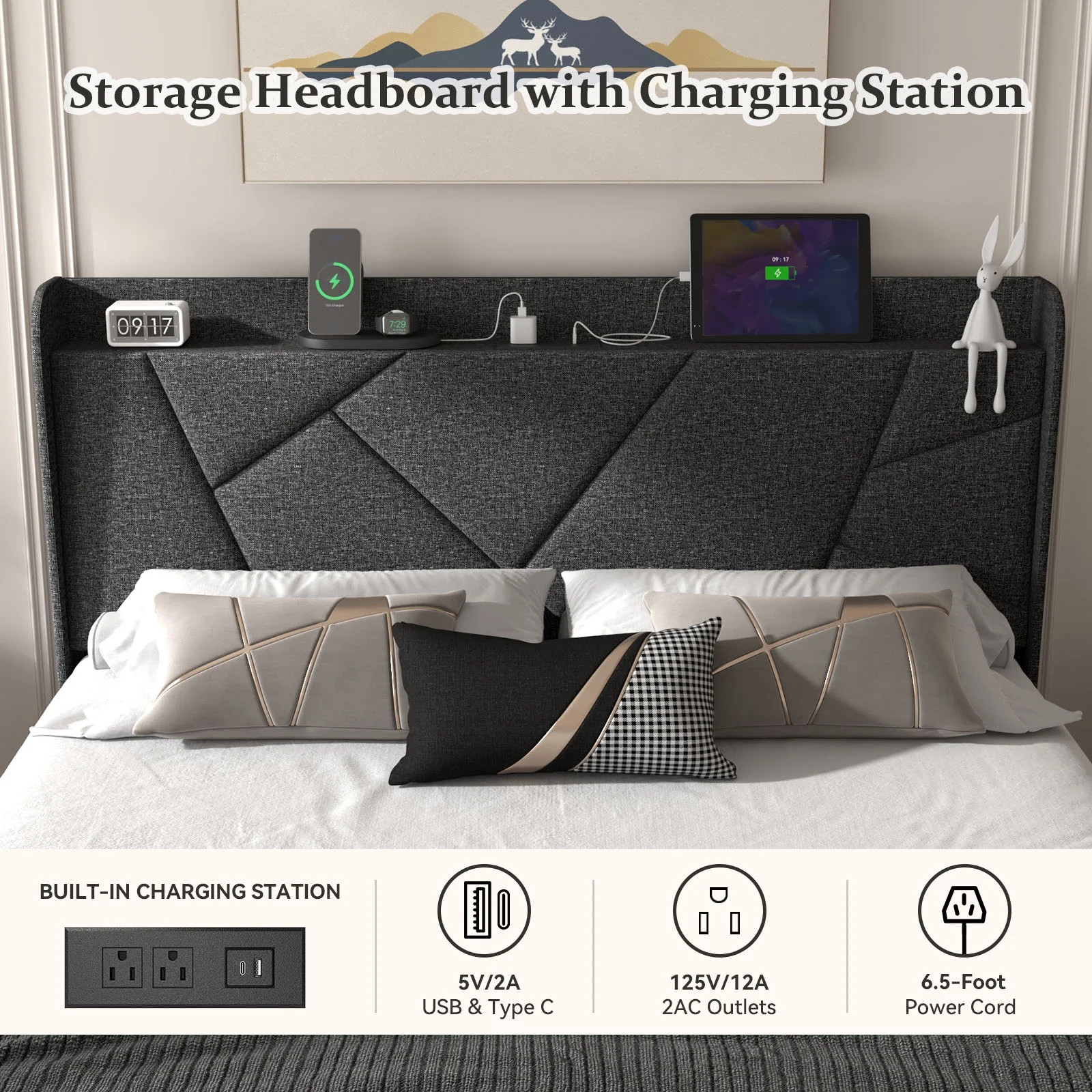 Full Queen King Upholstered Bed Frame Charging Ports Storage Wingback Headboard