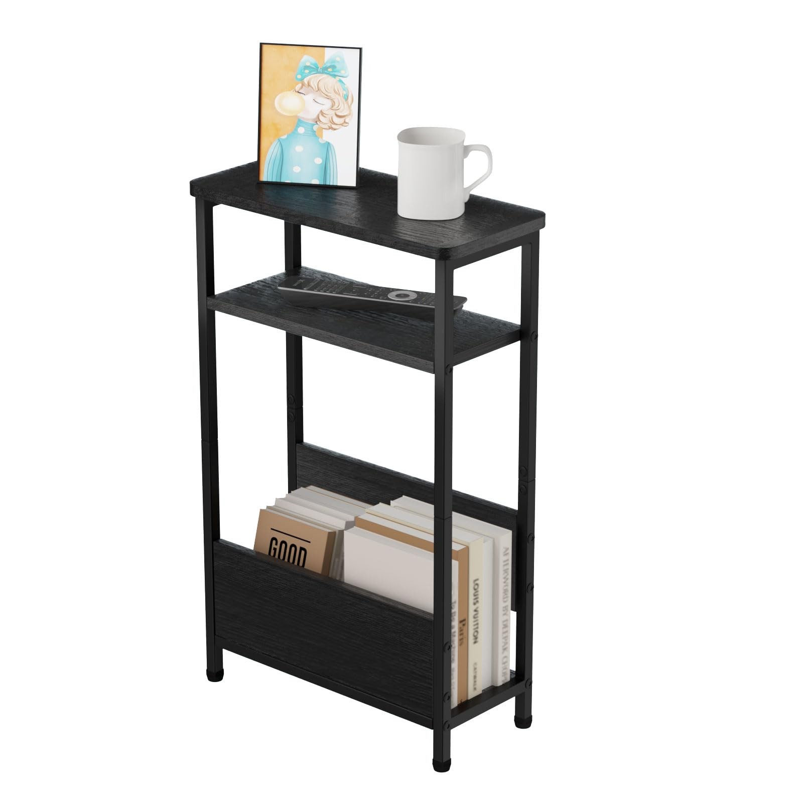 7.1 Narrow Side Table, 3 Tier, Magazine Holder, 15.4L x 24.2H, Black, Slim