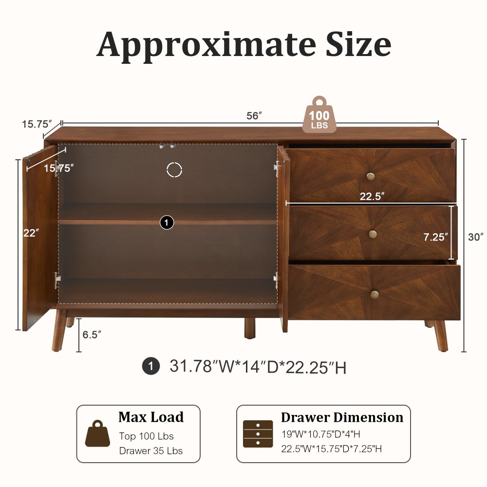 56 Inch Walnut Mid Century Modern TV Stand Solid Wood MDF Entertainment Center