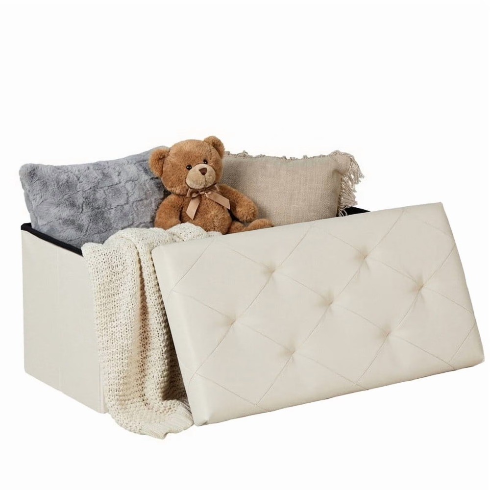30 Inches Folding Storage Ottoman Bench, Bedroom Bench with Storage, Beige