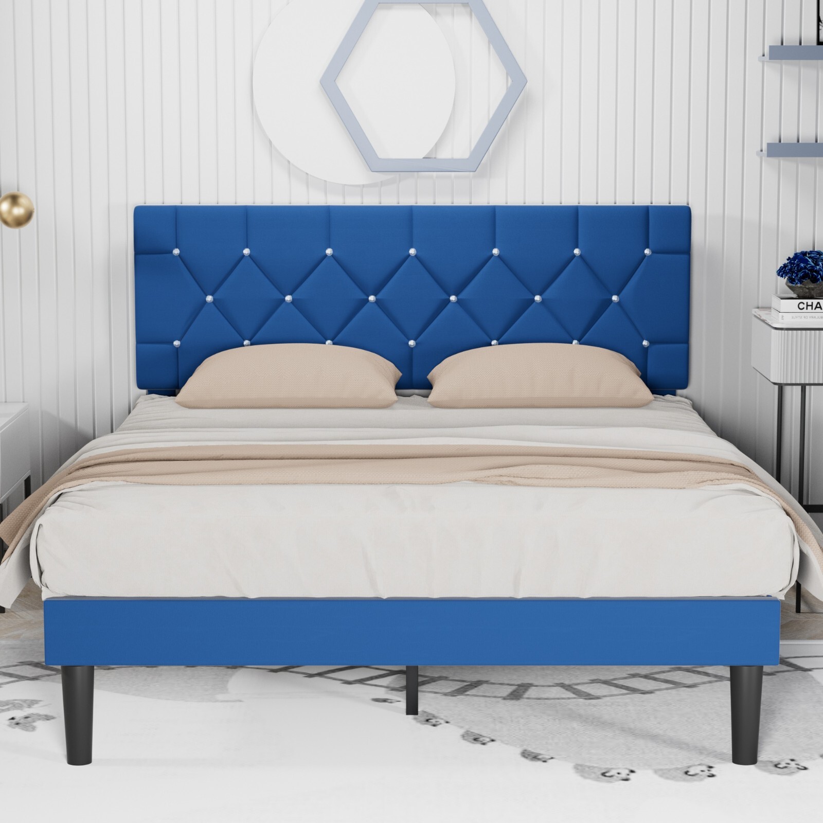 Twin Full Queen Bed Frame Adjustable Diamond Upholstered Headboard Noise Free