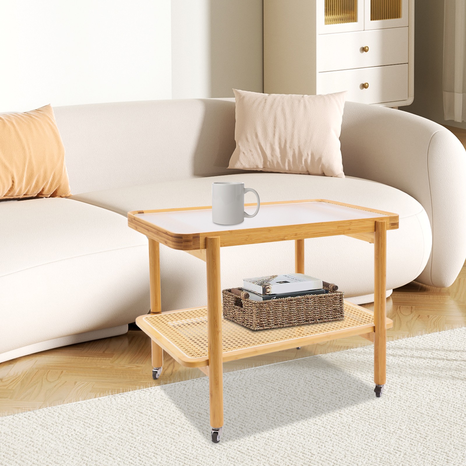 Side Table Nature Rattan Glass End Table 2-Tier with Storage Bamboo Table