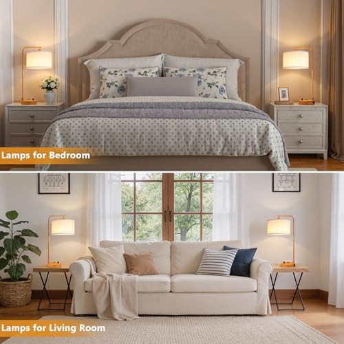 Bedside Table Lamps for Bedroom Set of 2-Dimmable E-Beige Shade & Wood Base