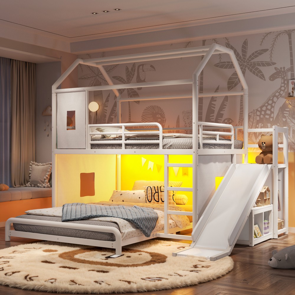 Full over Full House Metal Bunk Bed with Storage Cabinet and Hanging Rod,Slide