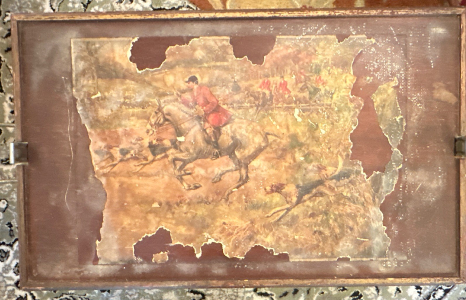 Hunt Scene Foldable Wood & Metal Tray Table, Brown, Decorative Printed Top