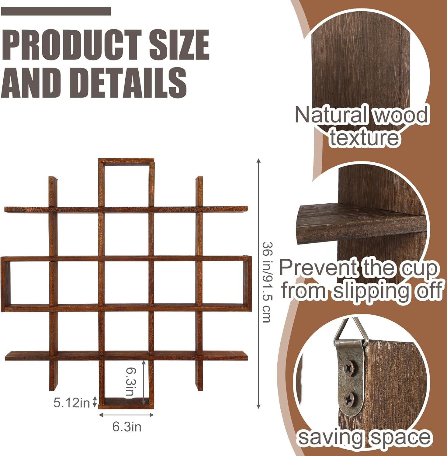 Rustic Wooden Floating Shelf for Oversized Tea Cups and Saucers – Brown