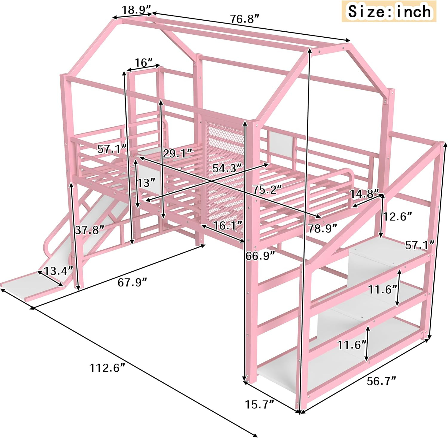 Pink Full Over Full Metal Bunk Bed with Slide and Stairs for Kids