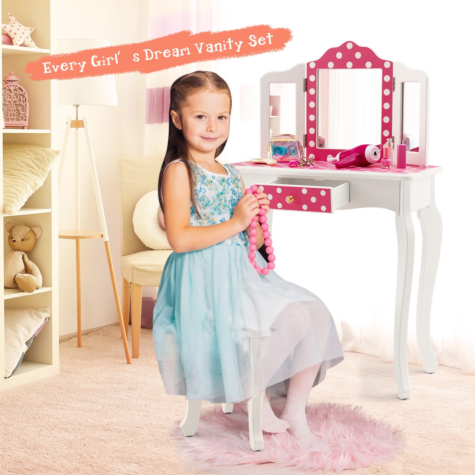 Kid Vanity Set Wooden Makeup Table Stool Tri-Folding Mirror Polka Dot Print Pink