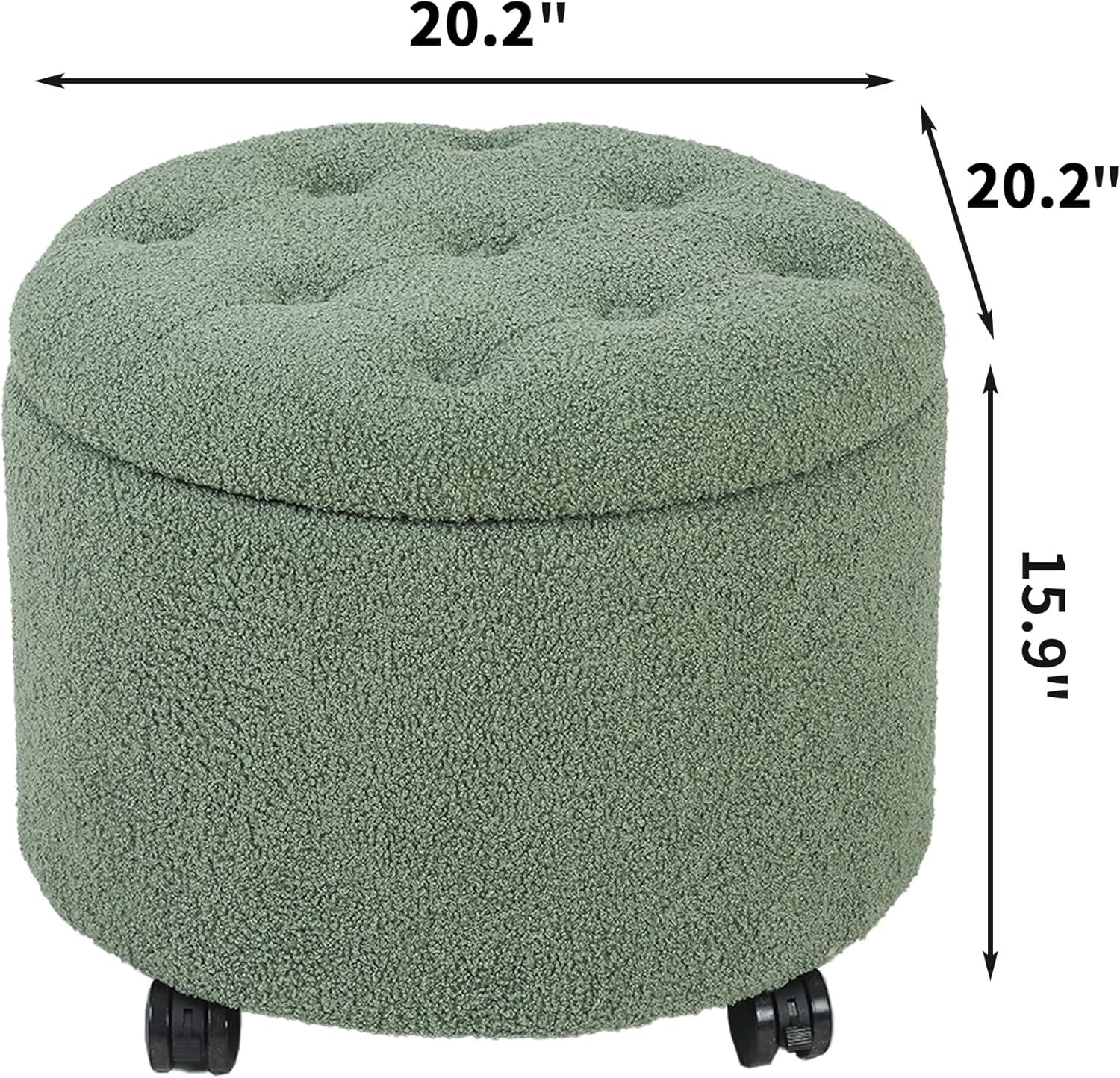 20.2″ Round Storage Ottoman Green Teddy Velvet w/Wheels Tufted