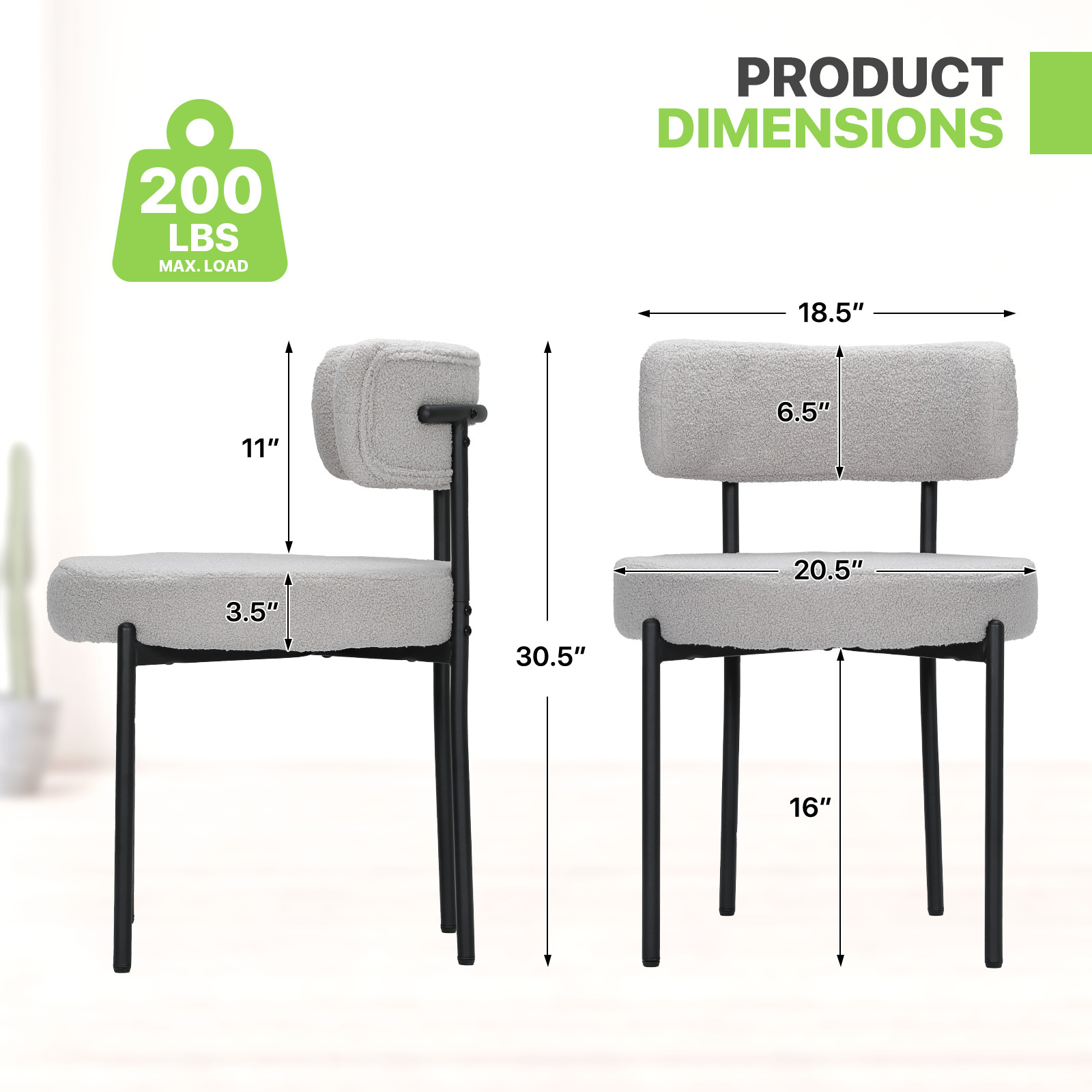 Gray Boucle Fabric Dining Chair Kitchen Dining Room Accent Padded Chair，Set of 2