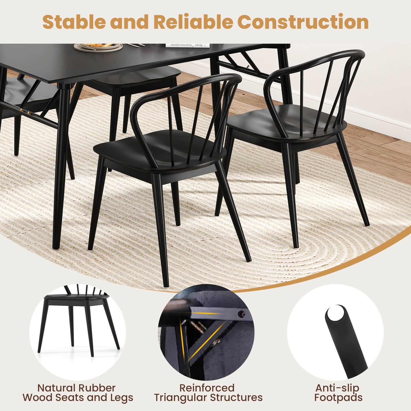 Wooden Dining Chair Set of 2 w/ High Spindle Back Rubber Wood Legs Wide Seat