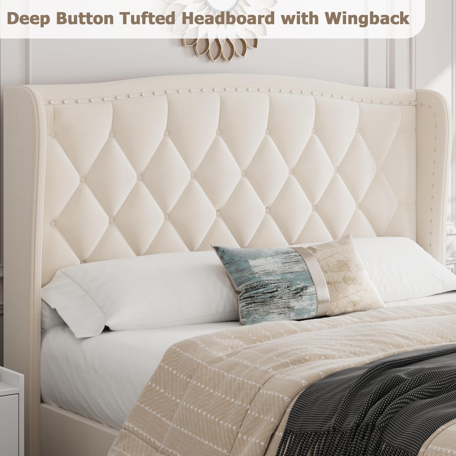 Full/Queen Size Bed Frame Velvet Upholstered Platform Bed w/ Wing Side Headboard