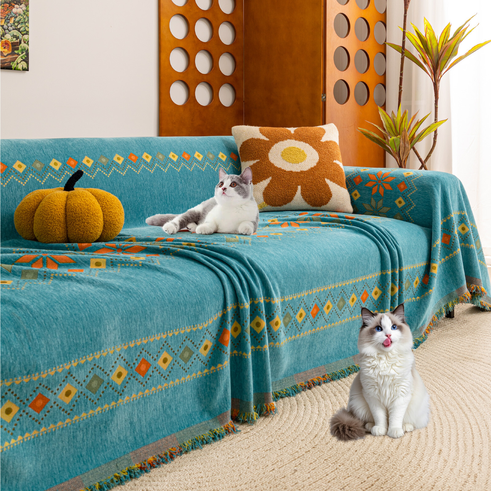 Boho Chenil Throw Sofa Cover Tasel Edge Textured Washable Sectional Couch Cover