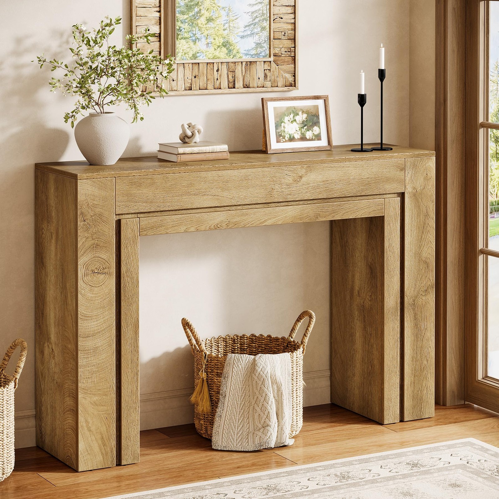41.3 Farmhouse Console Table Narrow Entryway Wooden Double Base Light Brown