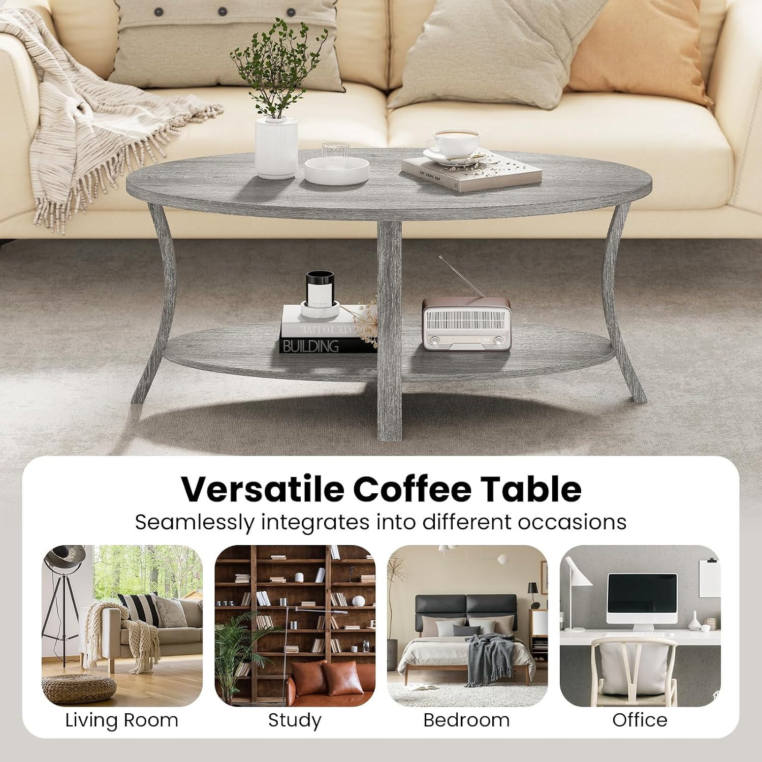 44 Inch Oval Coffee Table, 2-Tier Center Table with Storage Shelf & Rubber Wood