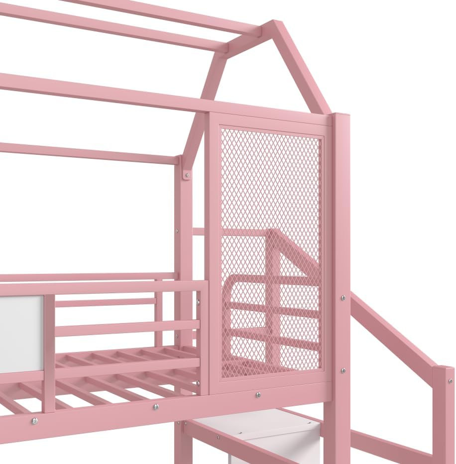 Pink Full Over Full Metal Bunk Bed with Slide and Stairs for Kids