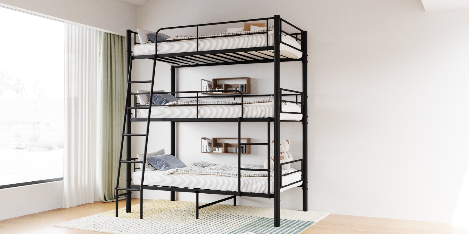 Triple Bunk Bed Twin Size Black Metal Bed Frame Can be Disassembled into 3 Bed