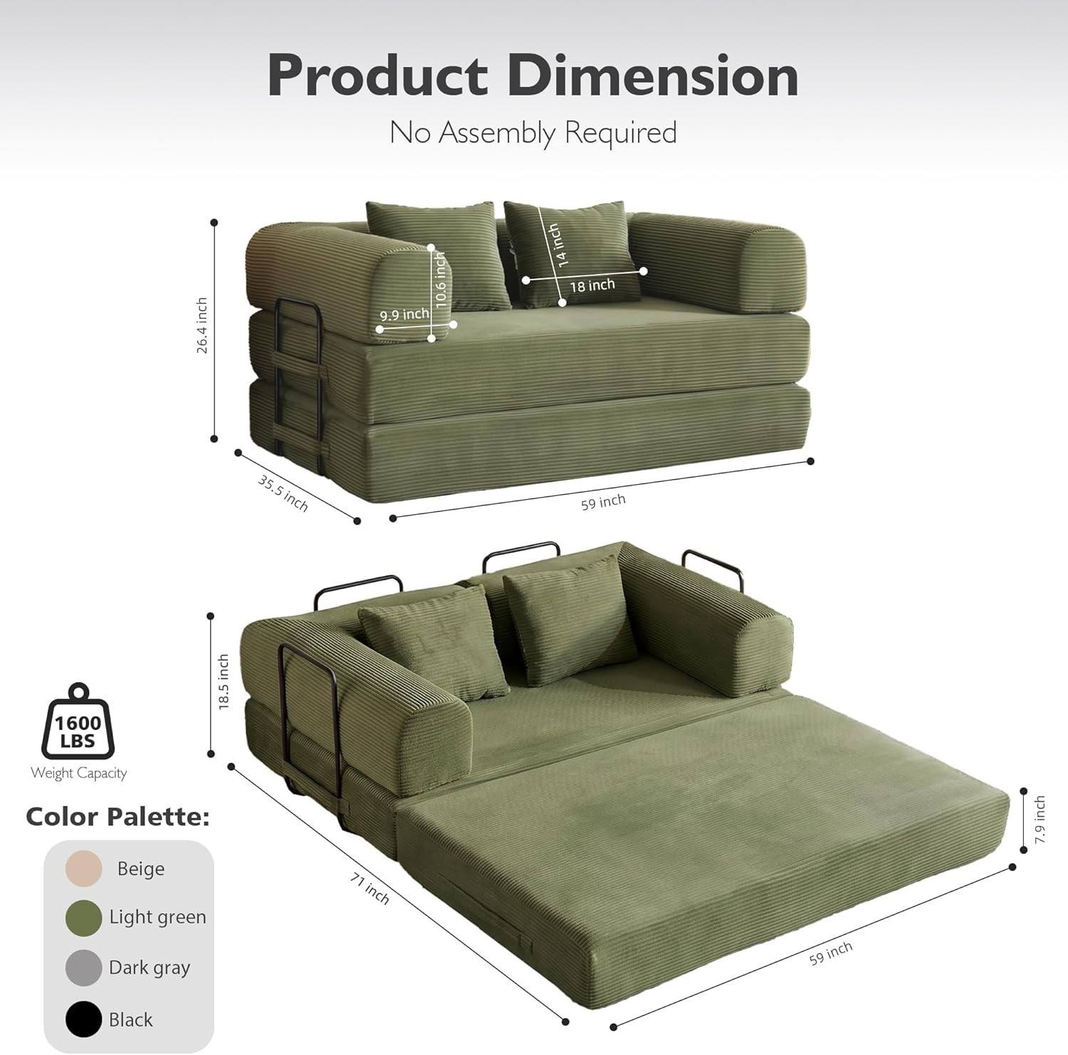 Sofa Bed 59in Convertible Corduroy Slipcover Futon Sleeper Apartment Space Saver