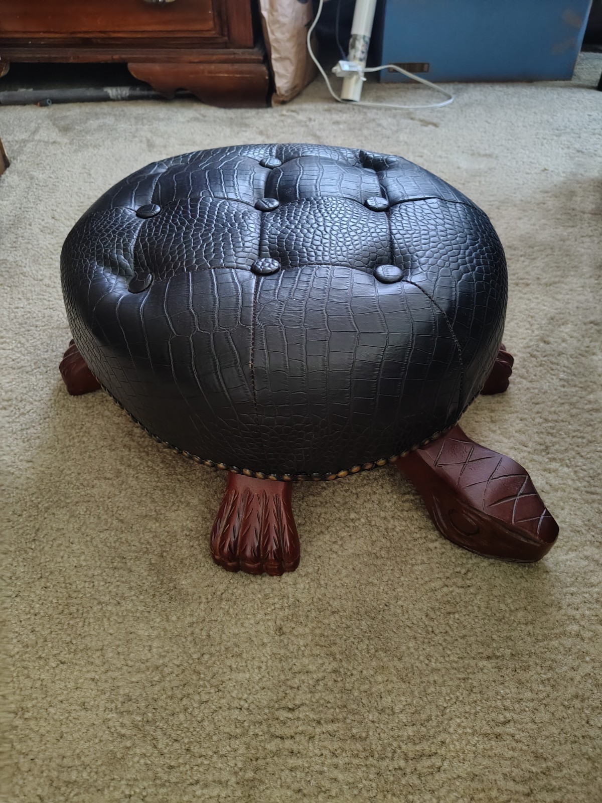 Turtle Ottoman Footstool Tufted Faux Leather Round Black w/ Brown Wood Legs