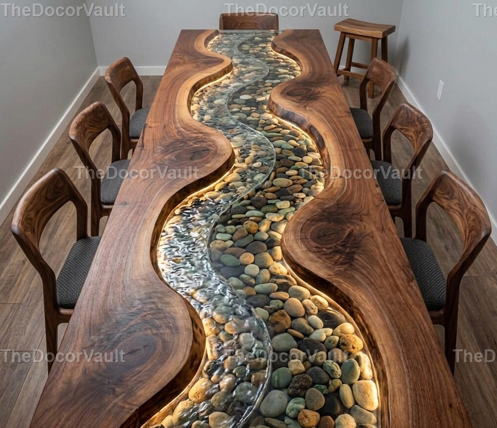 Live Edge Walnut River Table River Rock Glass Resin Table Top Handmade Furniture