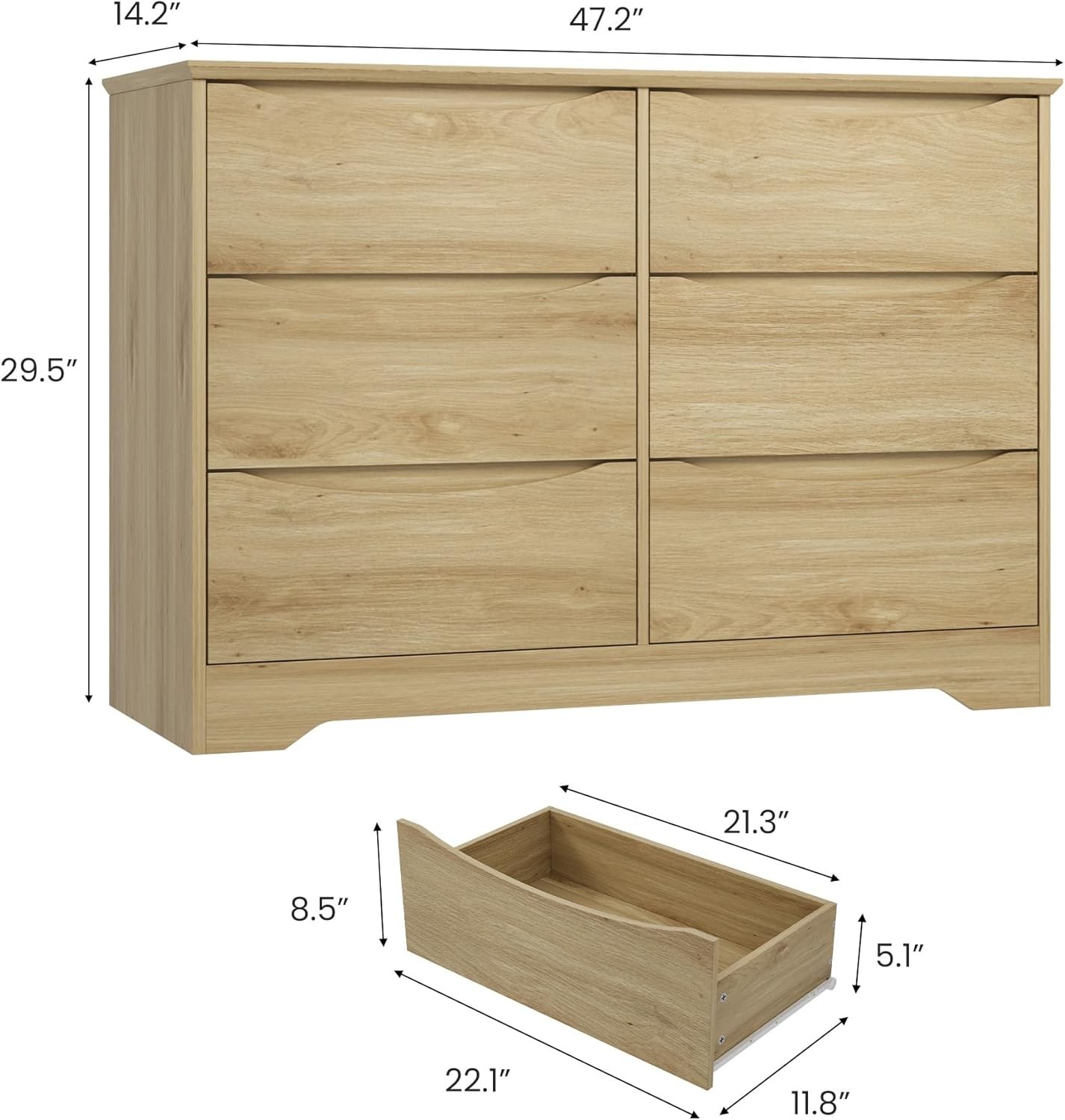 Wide 6 Drawer Dresser , Handle Free Wood Chest for Bedroom Living Room Hallway