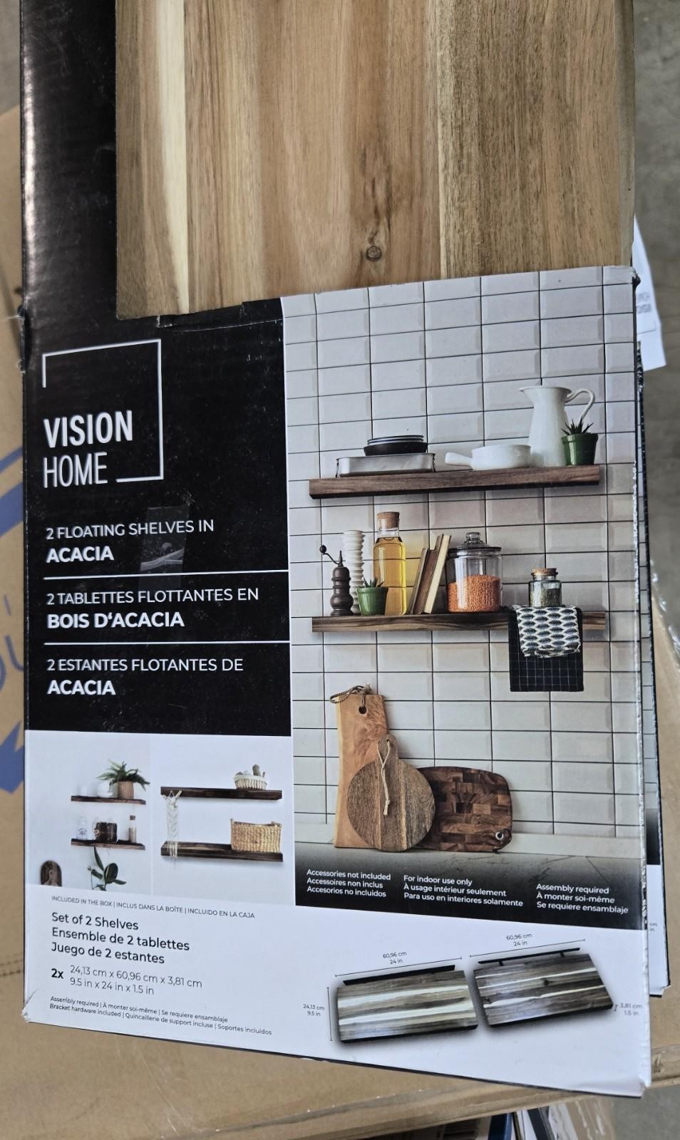 Vision Home Floating Shelves 2 Pack Acacia Wood 24 x 9.5 x 1.5 in with Hardware