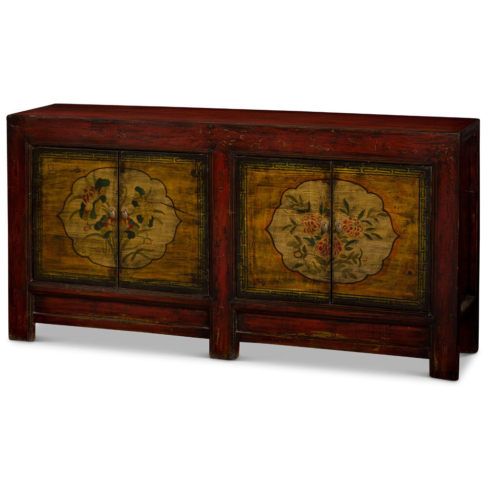 US SELLER Hand Painted Flower Distressed Red Yellow Mongolian Elmwood Sideboard