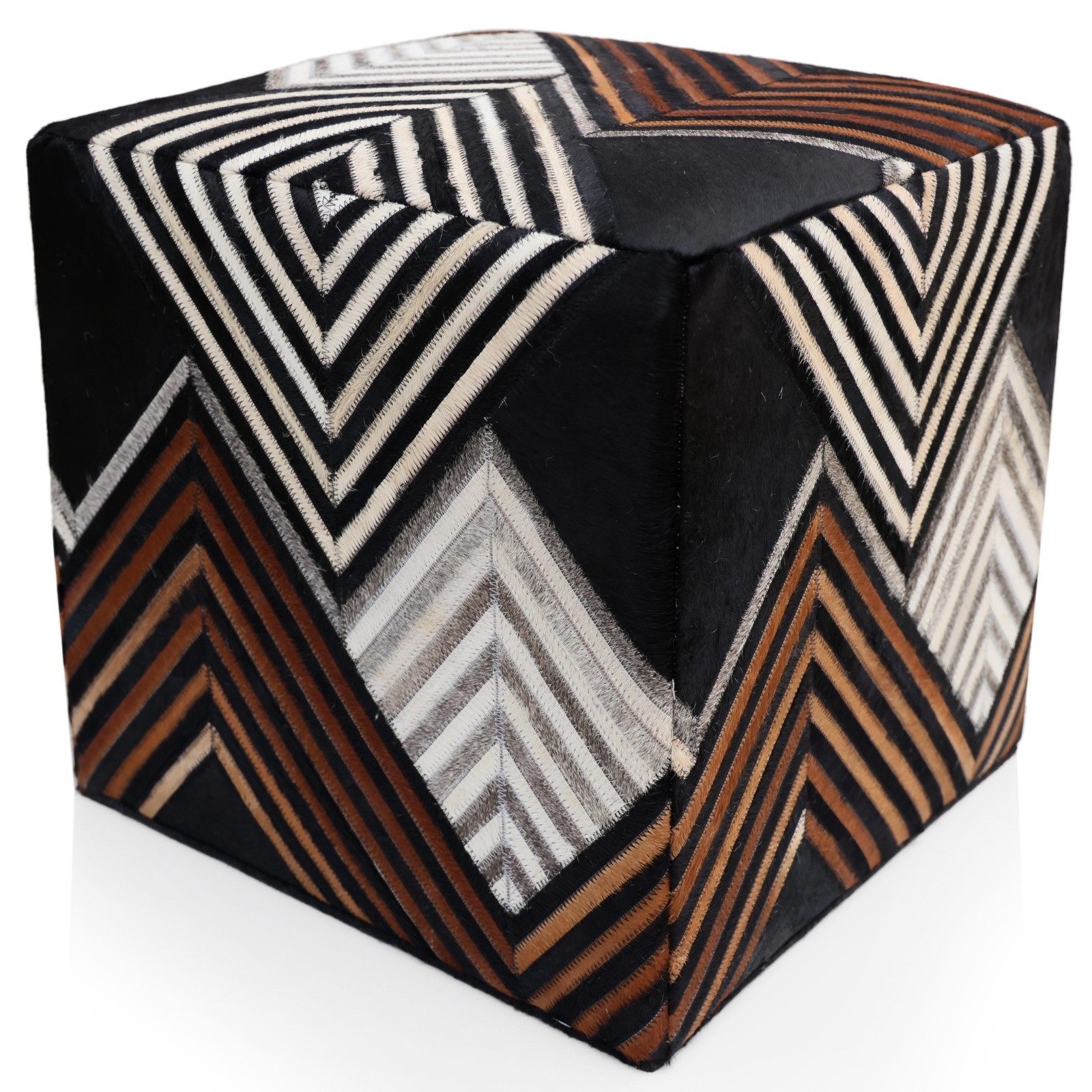 Handmade Chevron Cowhide Leather Ottoman Pouf 18×18 Graphic Statement