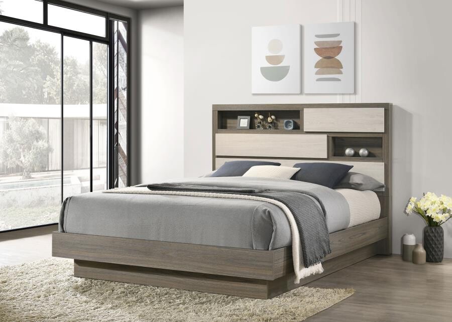 4 PC RUSTIC GREY OAK BOOKCASE HEADBOARD QUEEN BED DRESSER BEDROOM FURNITURE SET