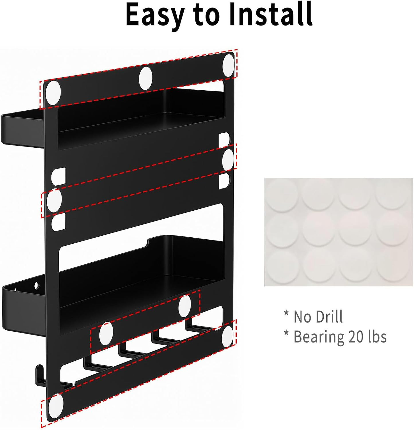 Bedside Wall Shelf Organizer with 5 Hooks & Cable Clips, Plastic Adhesive Wall M