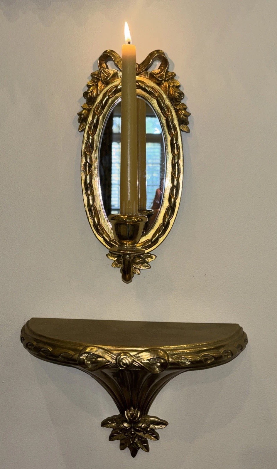 VTG Homco Ornate Bows Gold Wall Shelf & Mirrored Sconce