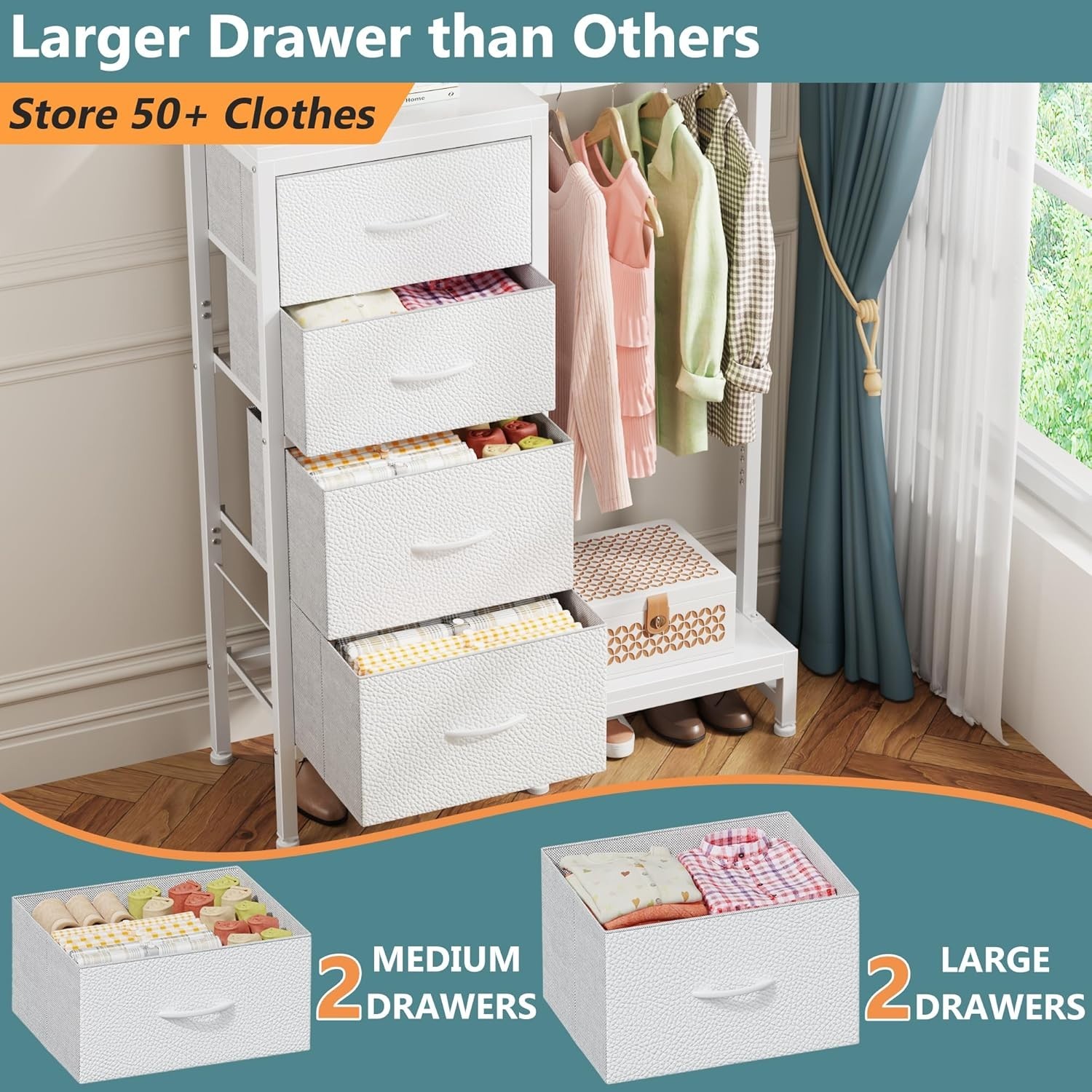 44in Tall Dresser with Hanging Rack 4 Drawers Storage Tower White
