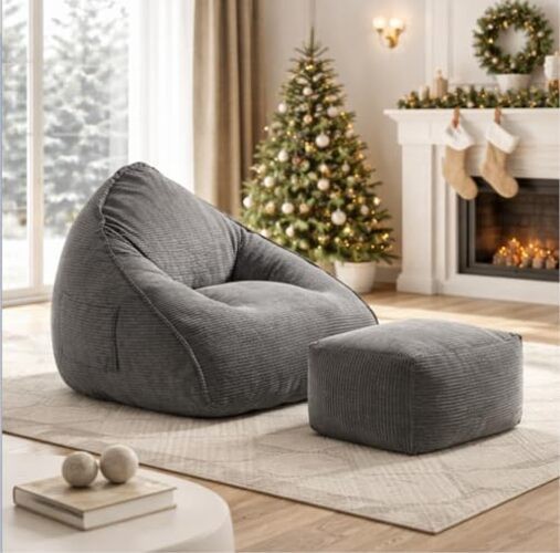 Bean Bag Chair with Ottoman for Adults, Large Corduroy Bean Bag Couch, Grey