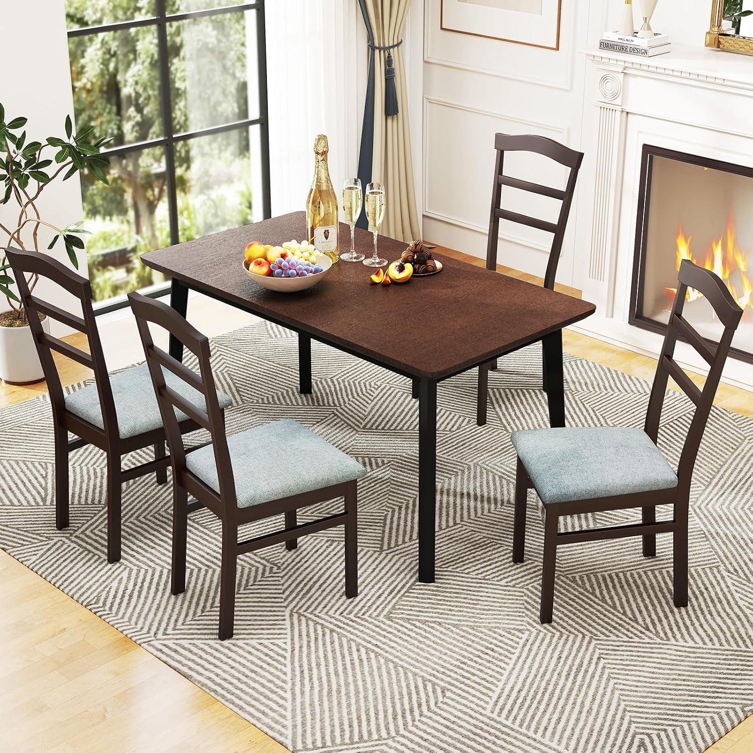 Wooden Dining Chairs Set of 2, Upholstered Kitchen Chair w/Rubber Wood Frame,