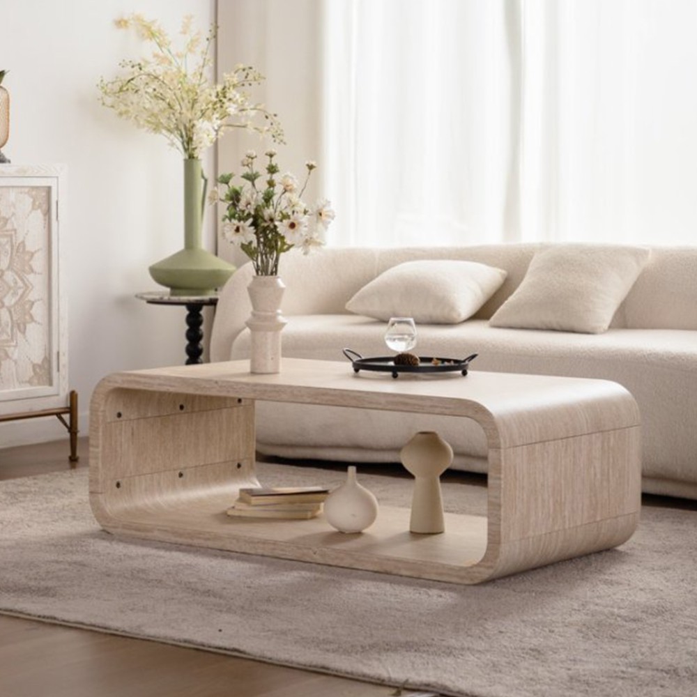 Modern Open-Frame Elegant Curved Light Wood Coffee Table with Open Storage