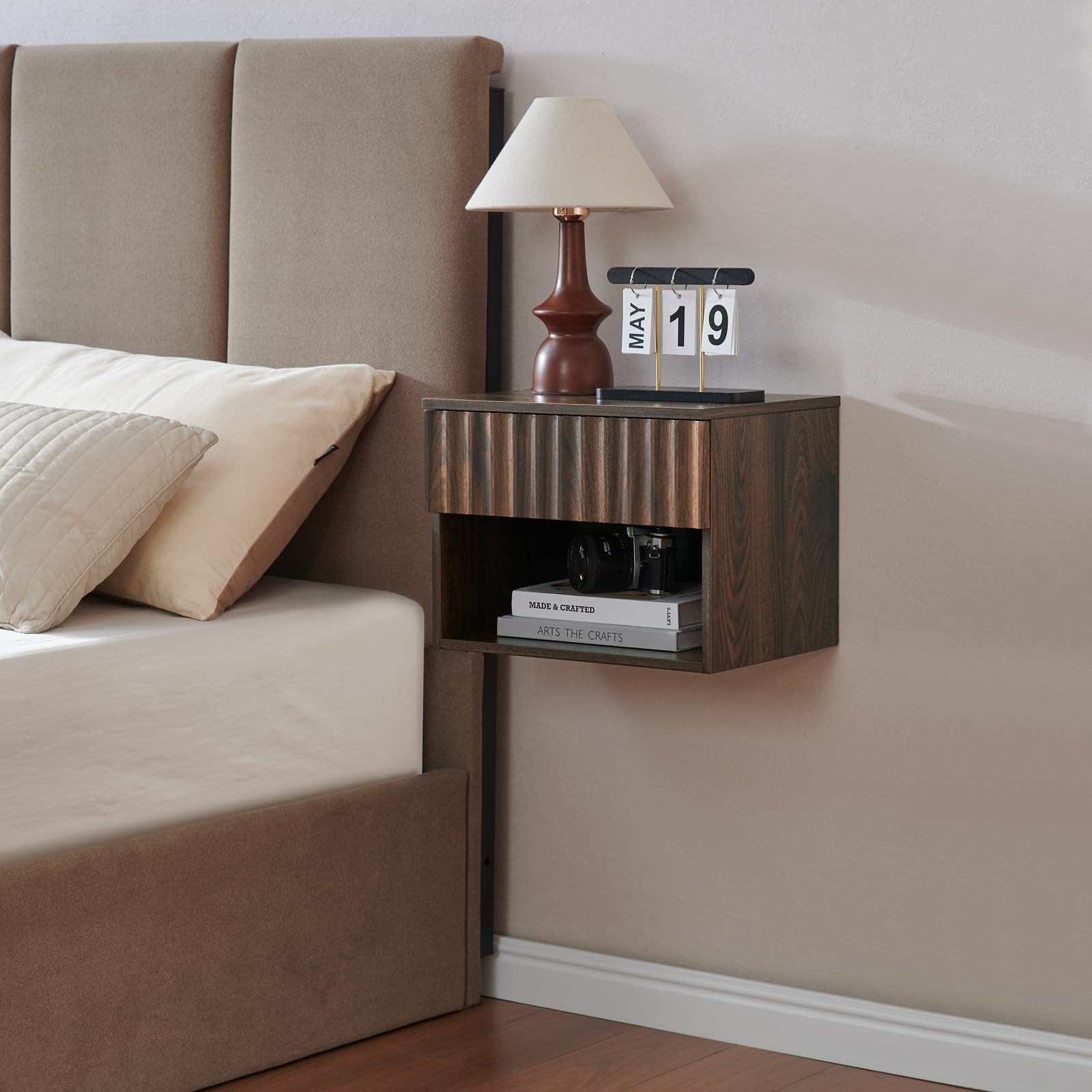 BuildHom Floating Nightstand with Fluted Drawer – Modern Wall Mounted Bedsid [t]