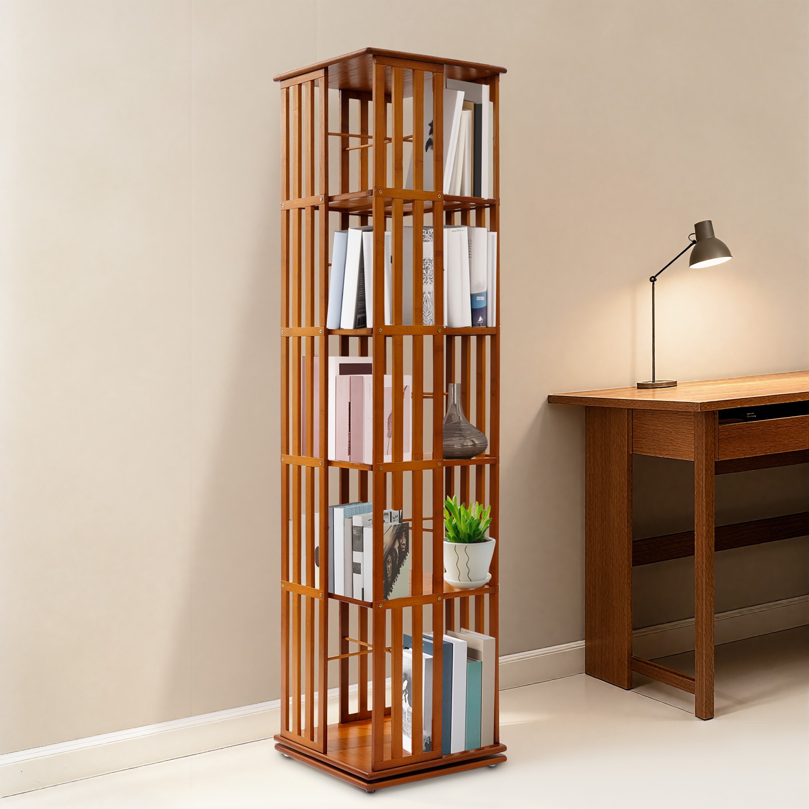 5-Tier Rotating Bookshelf, Book Storage Shelf, Floor Standing Rotating Bookcase