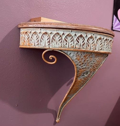 Vintage Small Ornate Iron Wall Bracket Shelf Distressed Teal Gold Leaf Boho