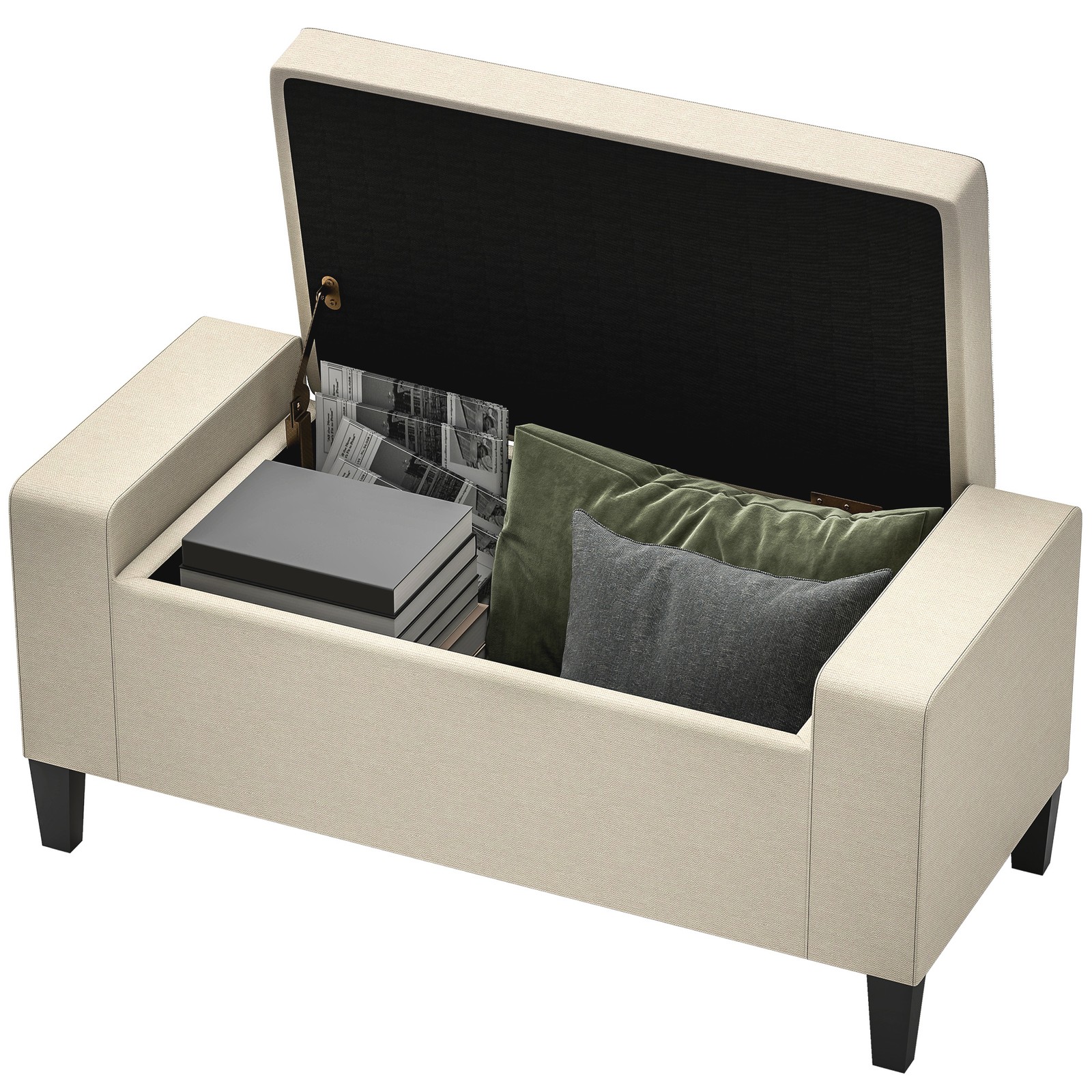 Rectangular Tufted Linen Storage Ottoman Bench with Flipping Top Beige