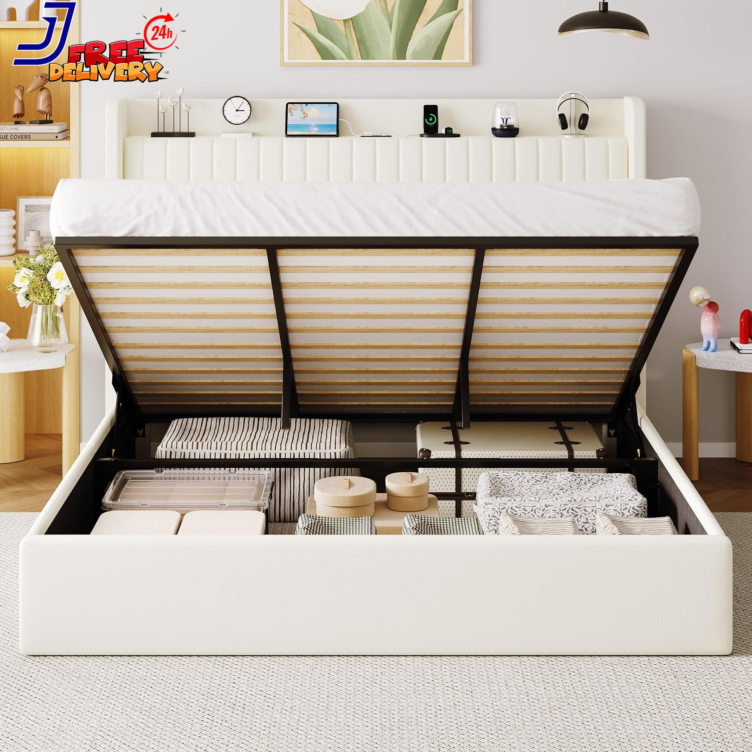 King Size Velvet Storage Bed Frame with USB Ports and Hydraulic Lift Cream