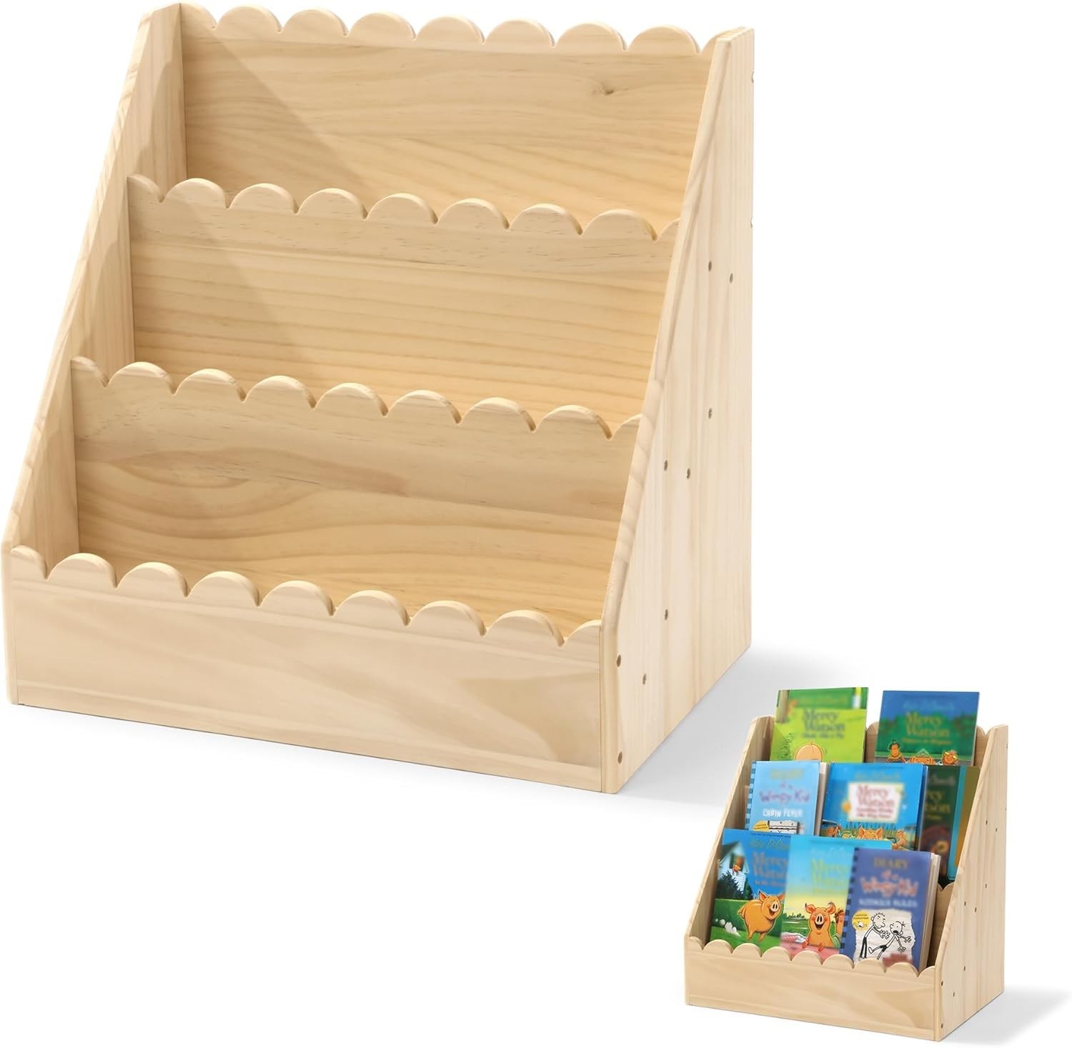 Scalloped Book Shelf Kids 3-Tier Wooden Bookshelf Perfect Height 1-5 Years